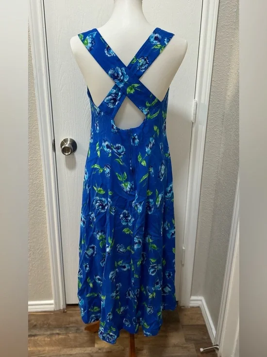 Connected VTG 90s Blue Rose Floral Midi Dress Sz 14 CrissCross Back Cottagecore - Picture 4 of 9
